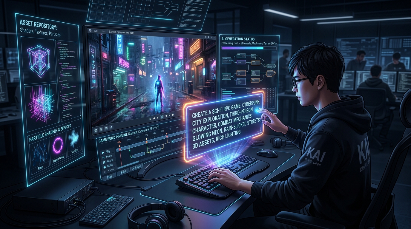 Developer using AI Studio to generate game mechanics and worlds via natural language