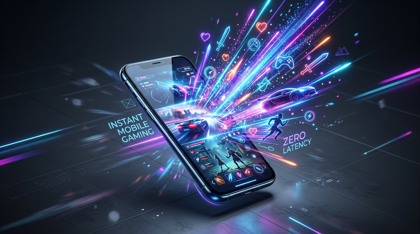Instant mobile gaming architecture and neon visuals